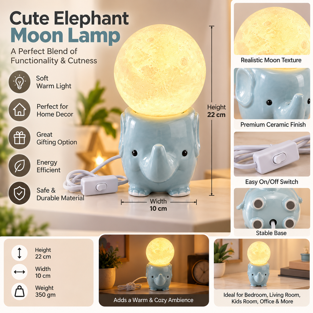 Cute Elephant Moon Lamp with Warm Light for Home & Kids Room Decor