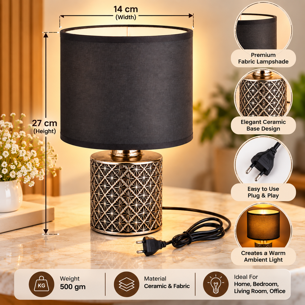 Black Ceramic Table Lamp with Fabric Shade and Golden Finish