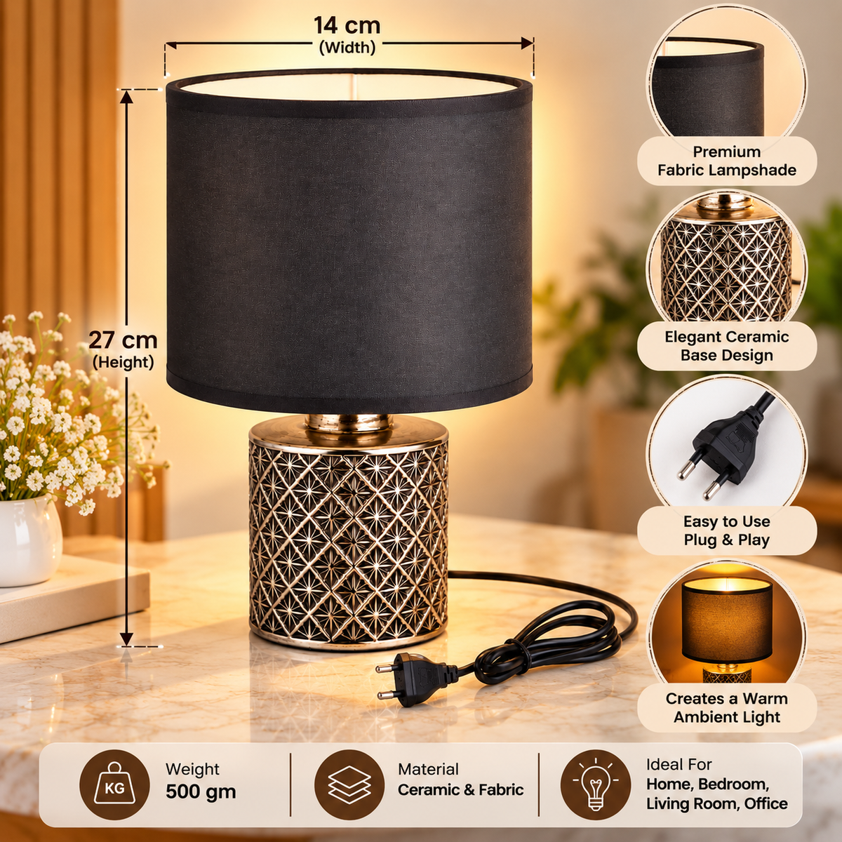 Black Ceramic Table Lamp with Fabric Shade and Golden Finish