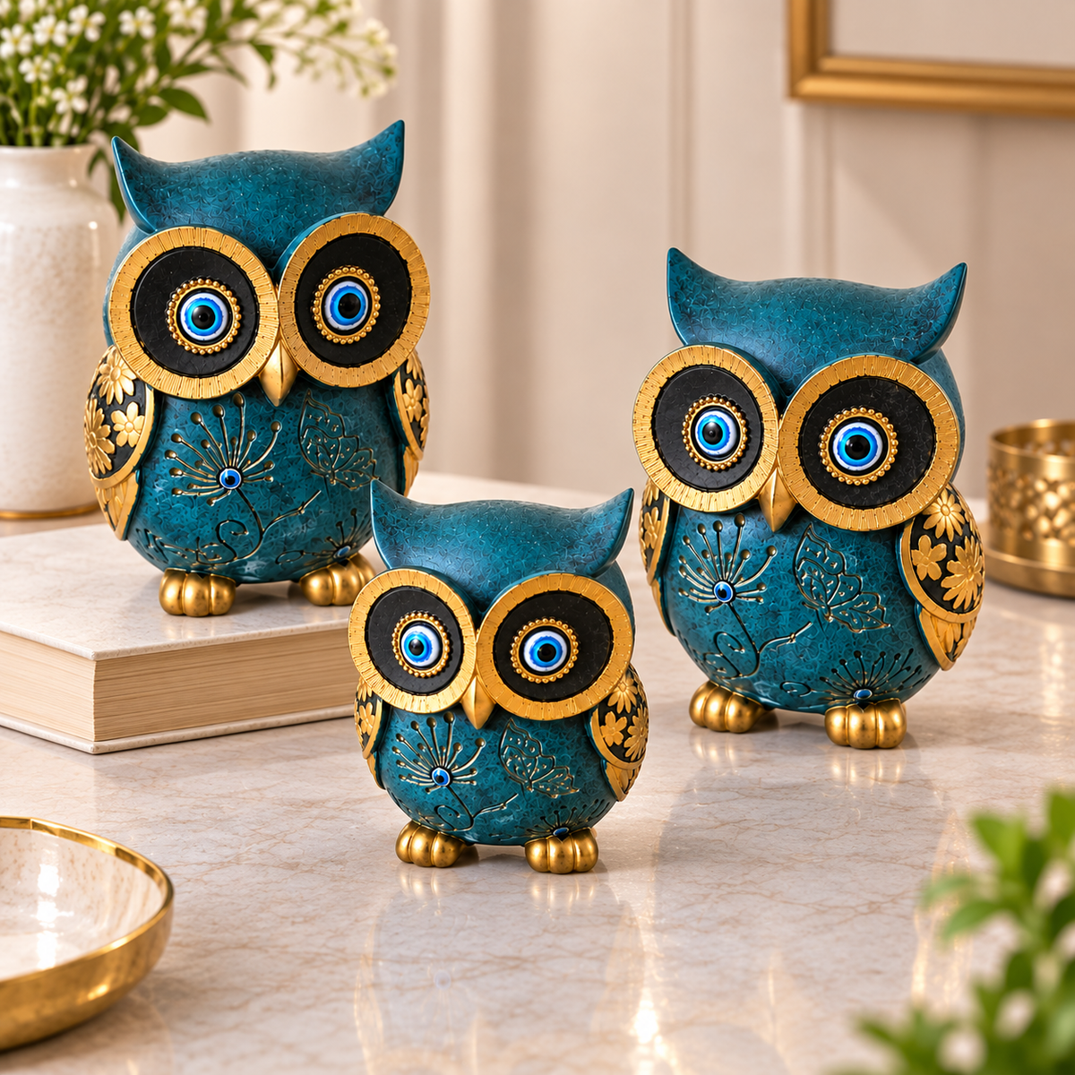 Three Piece Blue Owl Showpiece Set with Gold Detailing | Decorative Owl Figurines