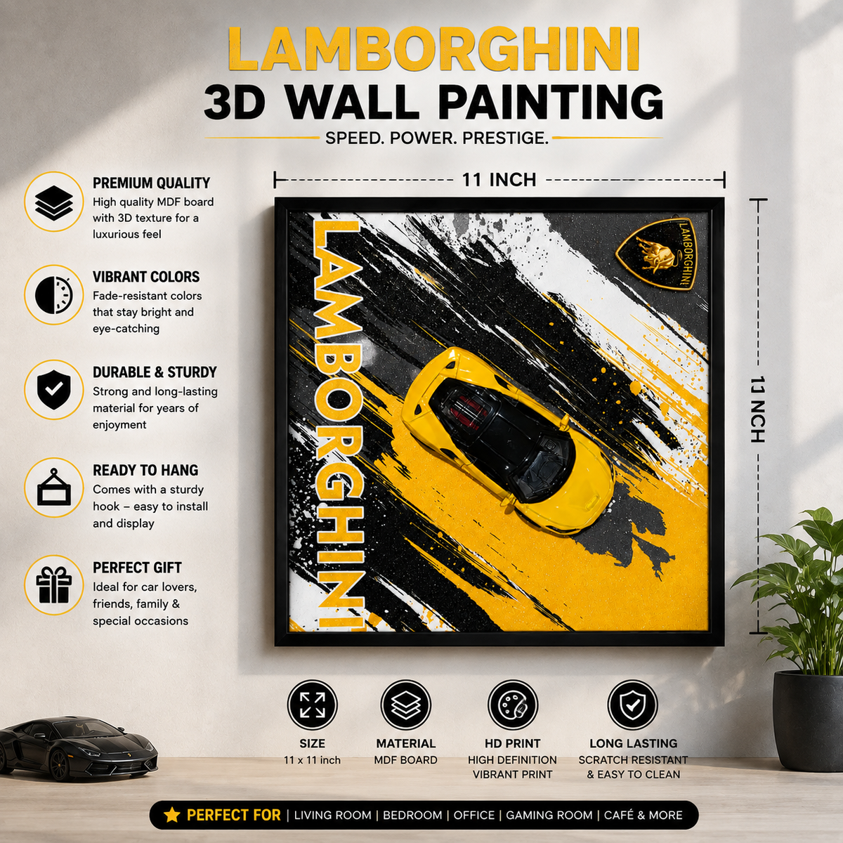 Lamborghini Car Wall Art | Yellow Sports Car Poster for Luxury Home & Garage Decor
