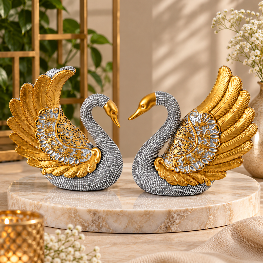 Silver Swan Decorative Showpiece Set | Elegant Swan Couple Figurines