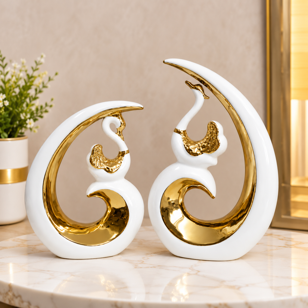 White & Gold Ceramic Showpiece Set of 2, 11 x 11 Inch Home Décor