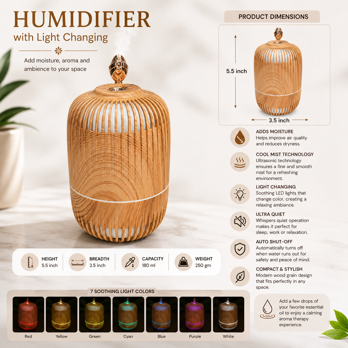 Wood Grain Humidifier with 7 LED Color Changing Light, Aroma Mist & Auto Shut-Off