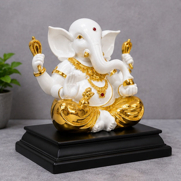 White & Gold Ganesha Statue 10 x 8 Inch Resin Idol with Black Stand for Home Decor & Pooja Room