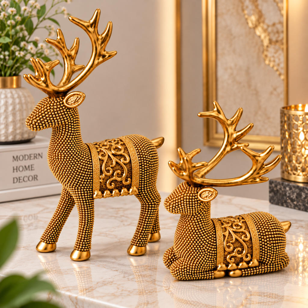 Golden Deer Figurine Set with Elegant Antlers | Decorative Deer Showpieces