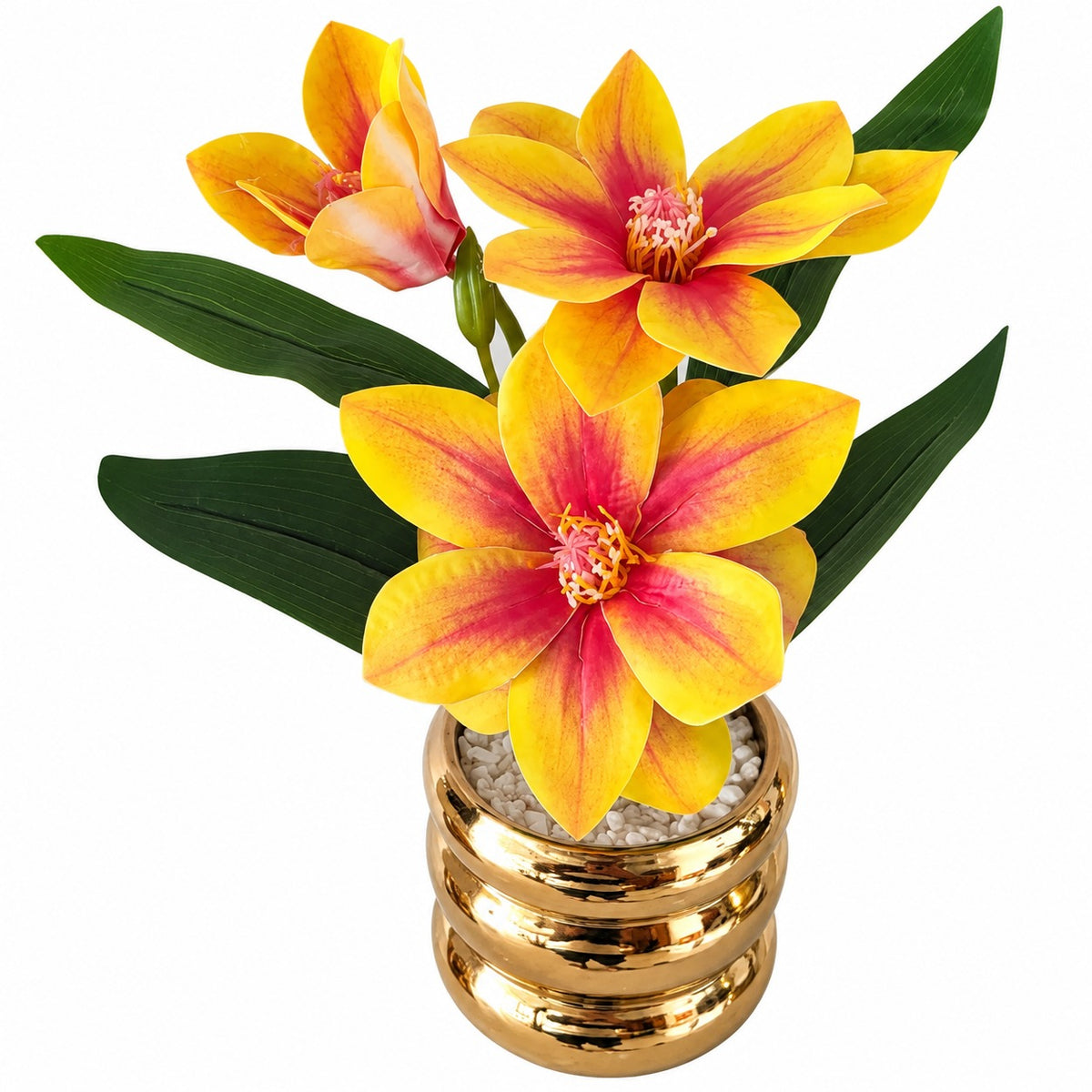Artificial Yellow and Pink Flower Pot with Golden Decorative Vase