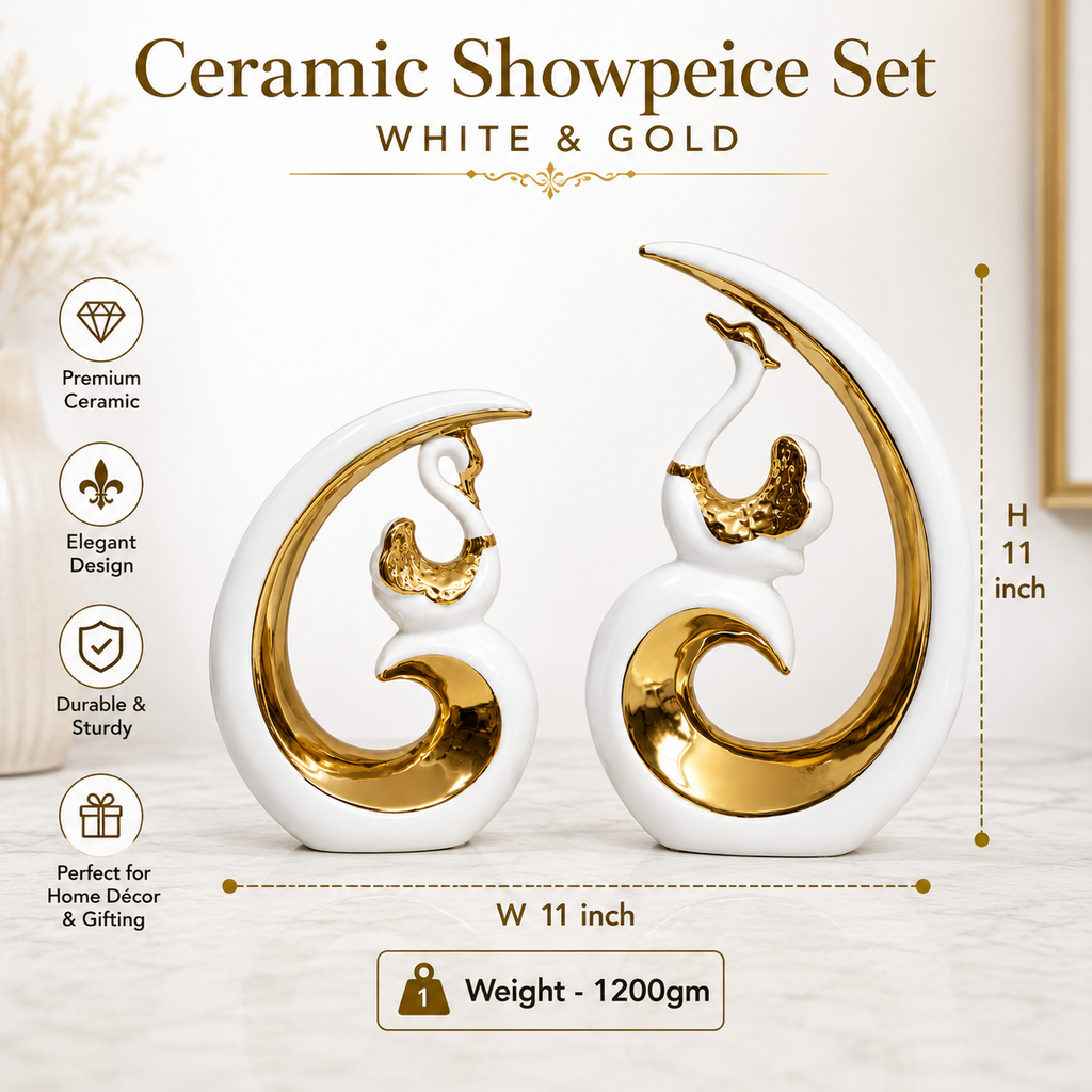 White & Gold Ceramic Showpiece Set of 2, 11 x 11 Inch Home Décor