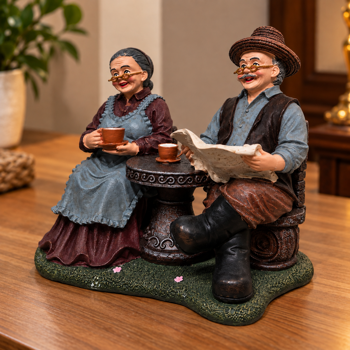 Old Couple Resin Showpiece with Decorative Table for Home Décor