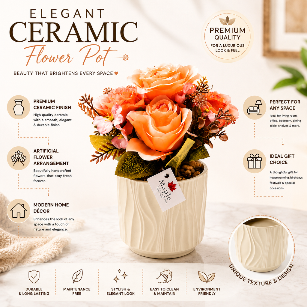 Ceramic Flower Pot with Artificial Flowers 23cm | Decorative Home & Table Décor