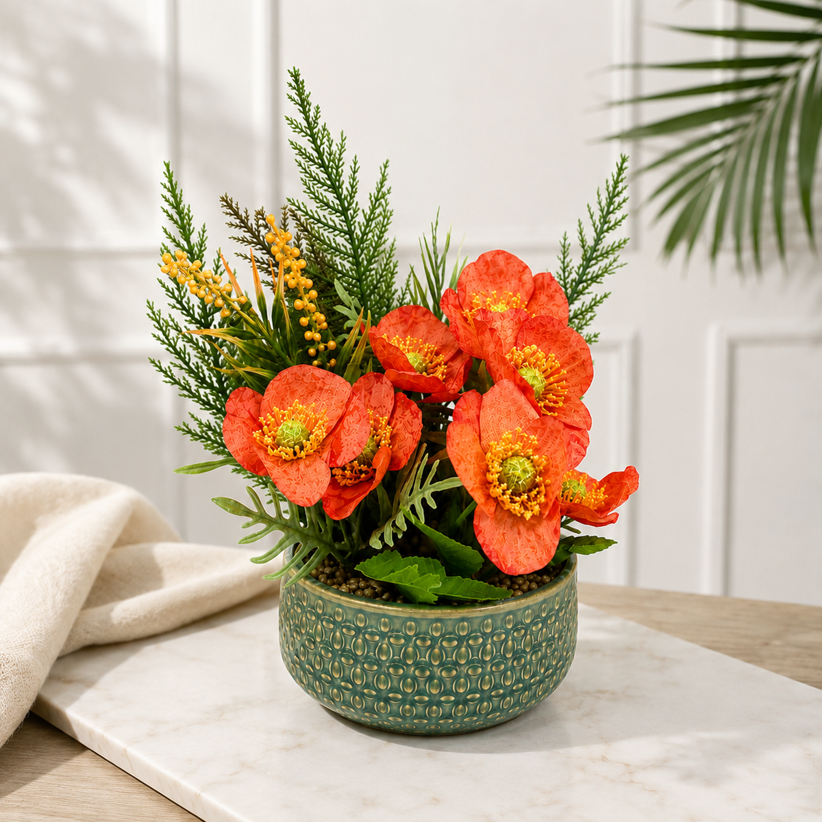 Ceramic Artificial Flower Pot with Orange Flowers 9 x 5 Inch Home Décor