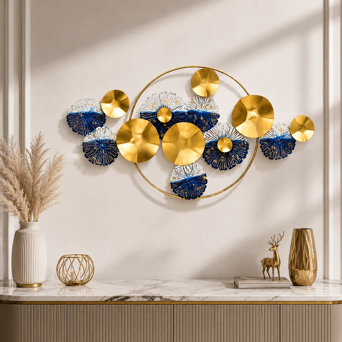 Luxury Metal Wall Art 30×50 Inch | Gold & Blue Iron Wall Decor for Living Room
