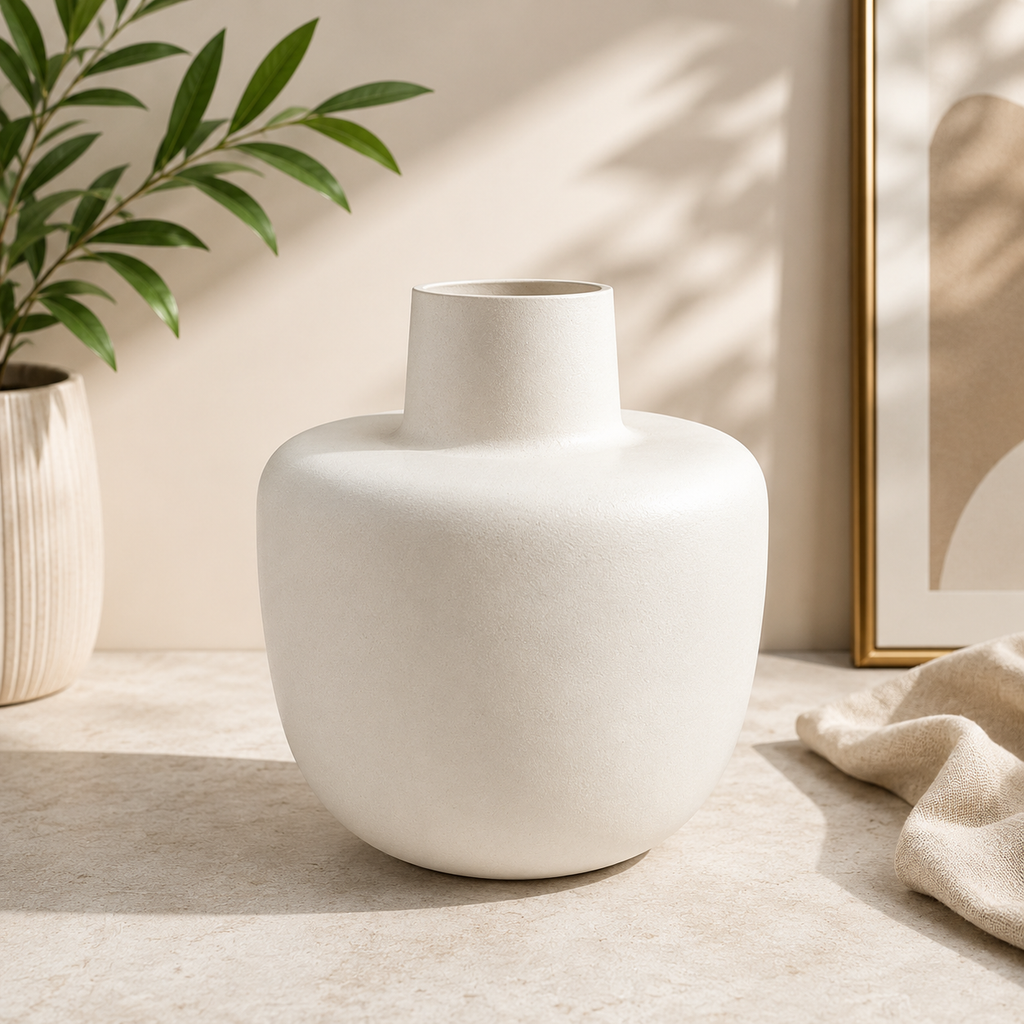 White Metal Decorative Vase 7.5 x 6 Inch Modern Minimalist Home Décor