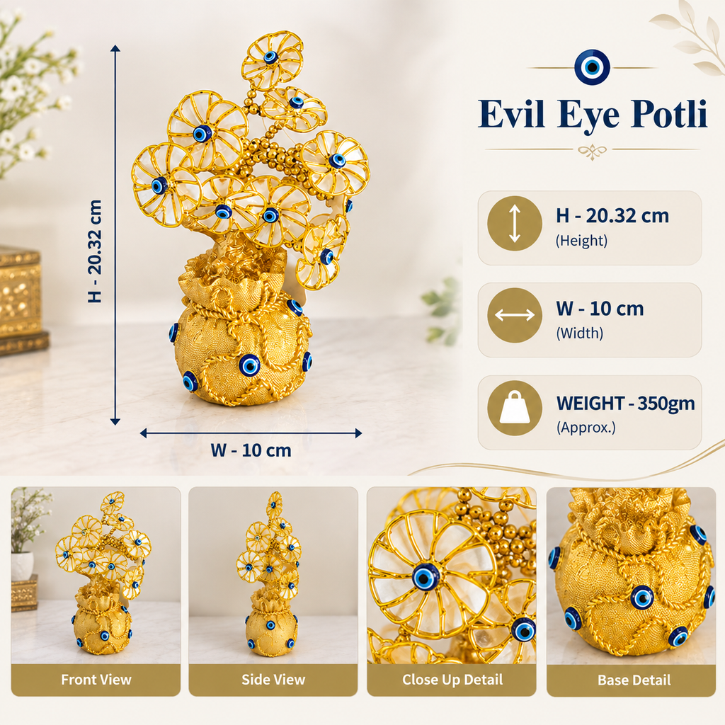 Golden Evil Eye Potli Showpiece with Decorative Floral Design