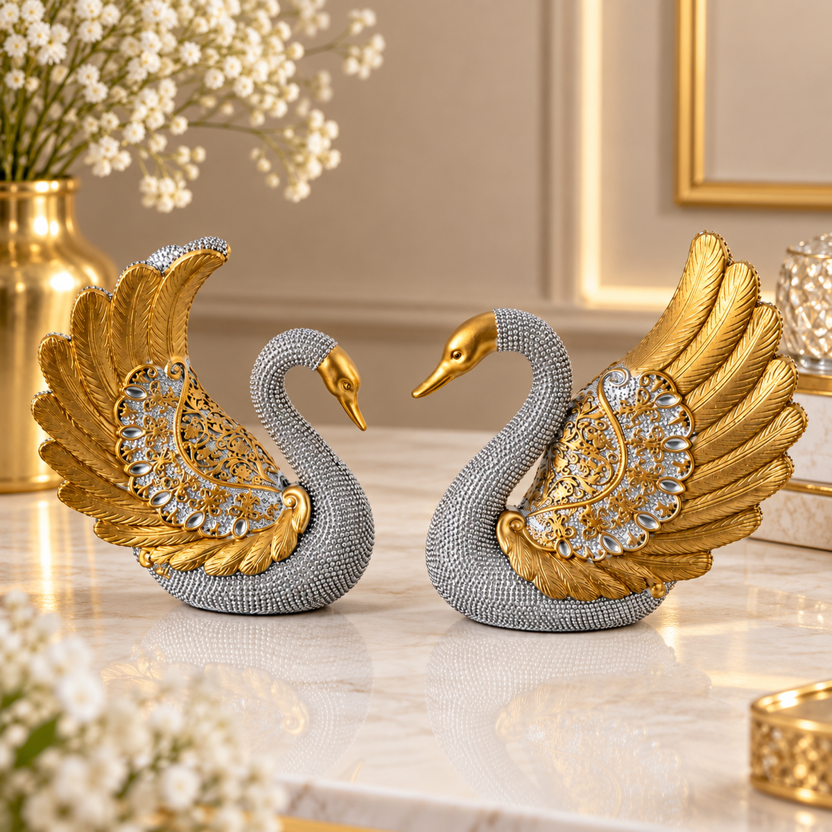 Silver Swan Decorative Showpiece Set | Elegant Swan Couple Figurines