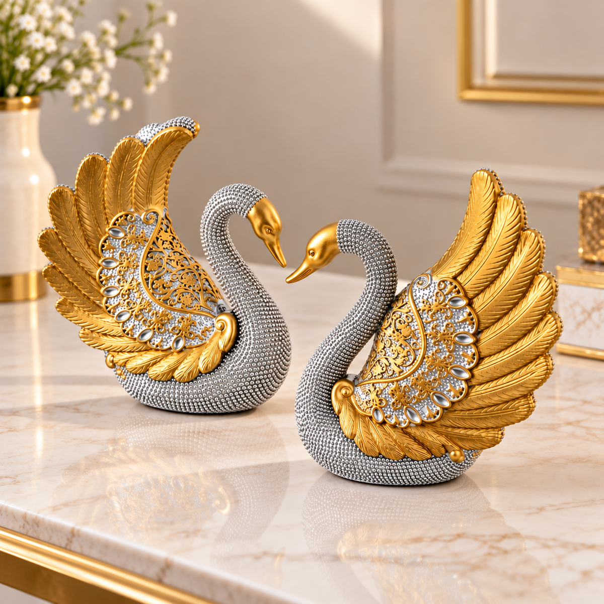 Silver Swan Decorative Showpiece Set | Elegant Swan Couple Figurines