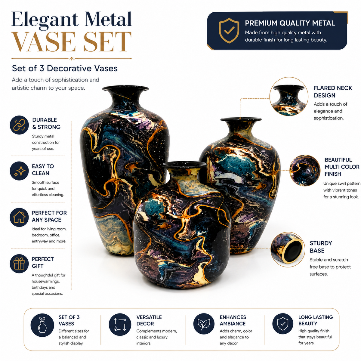 Premium Metal Vase Set of 3 | Abstract Marble Finish Decorative Vases for Home Décor