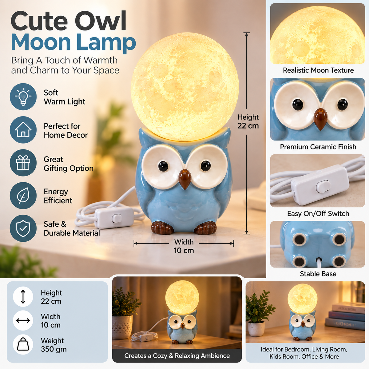 Cute Owl Moon Lamp with Warm Light | Blue Ceramic Owl Night Lamp
