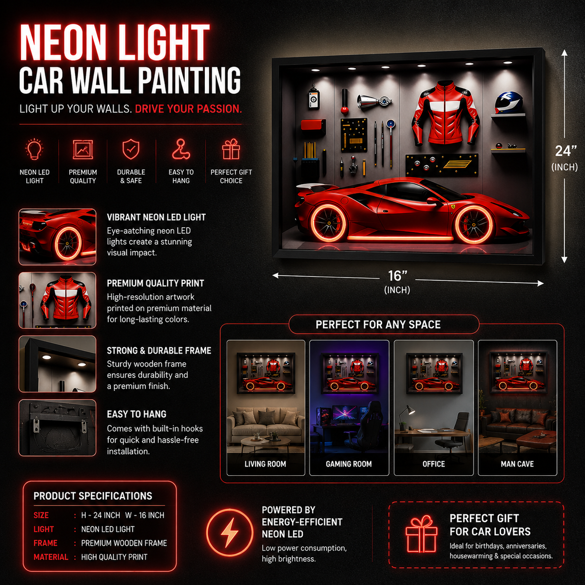 Red Sports Car Wall Art | Luxury Car Poster for Bedroom, Living Room & Garage Decor