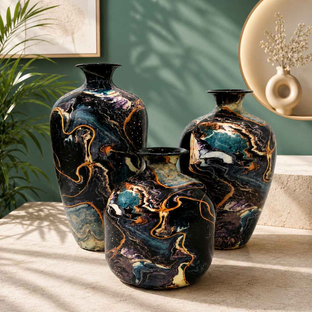 Premium Metal Vase Set of 3 | Abstract Marble Finish Decorative Vases for Home Décor