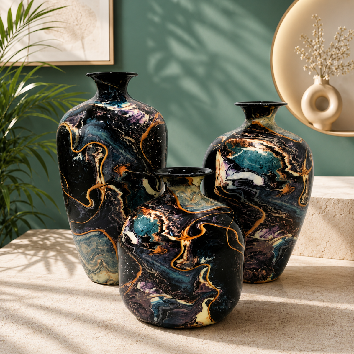 Premium Metal Vase Set of 3 | Abstract Marble Finish Decorative Vases for Home Décor