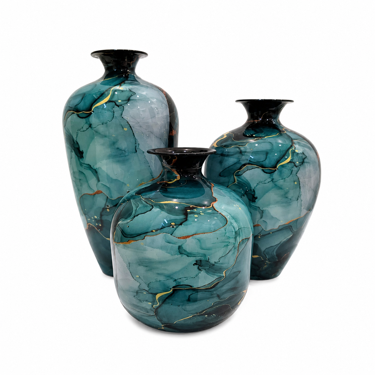 Premium Metal Vase Set of 3 | Teal Blue Abstract Marble Finish Decorative Vases