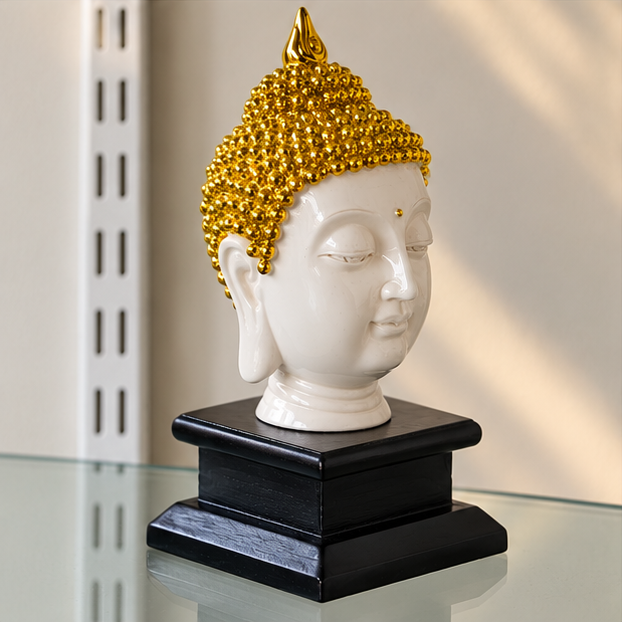 Buddha Face Showpiece White and Golden Decorative Statue