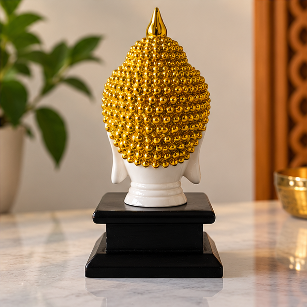Buddha Face Showpiece White and Golden Decorative Statue