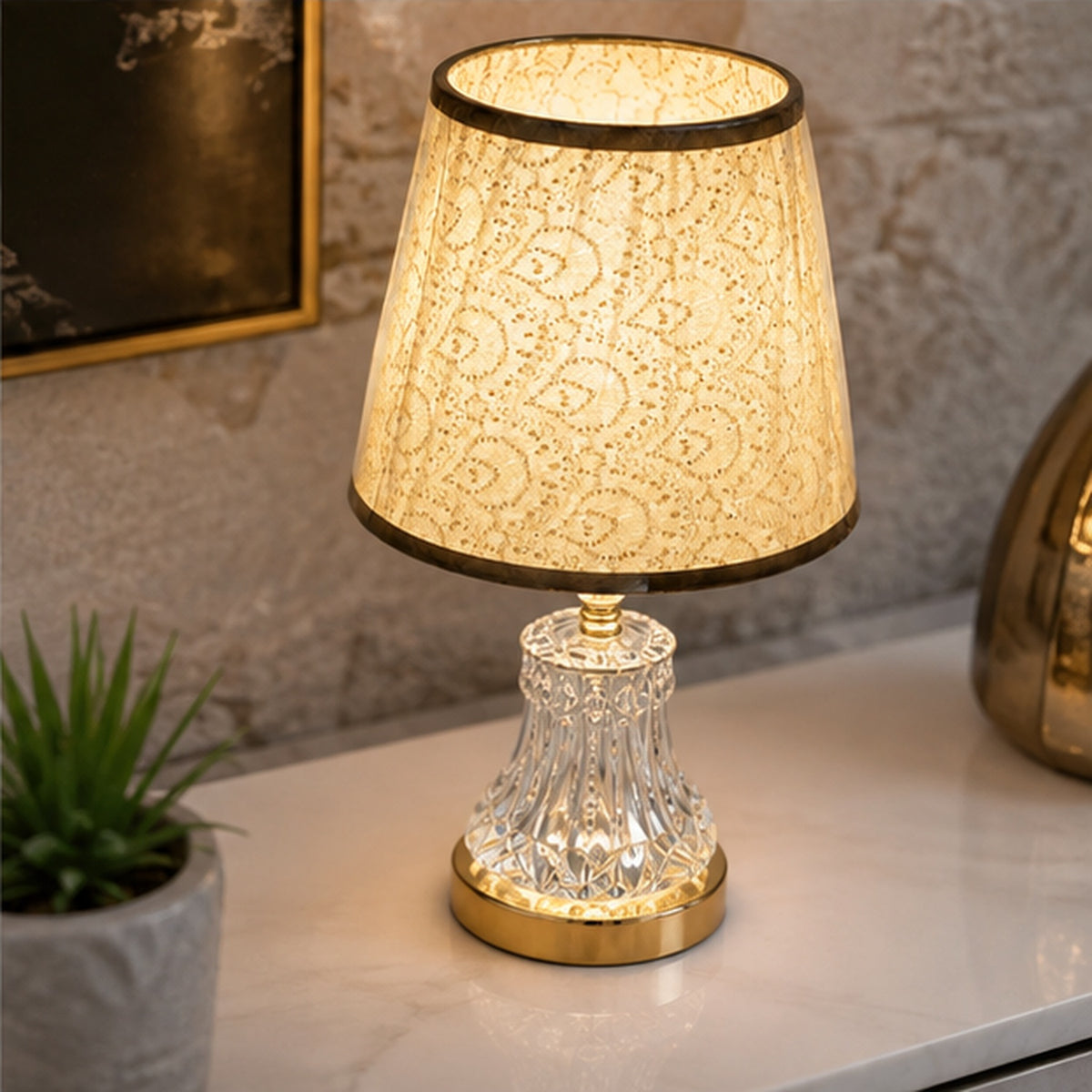 Gold Glass Table Lamp with 3 Colour Changing LED Lights – Elegant Decorative Bedside Lamp