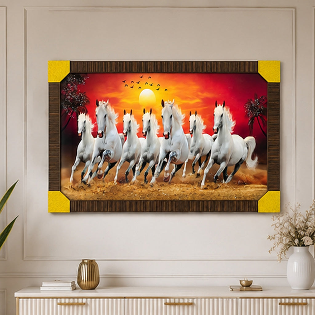 Seven Running Horses Framed Wall Painting 30 x 24 Inch for Home Décor