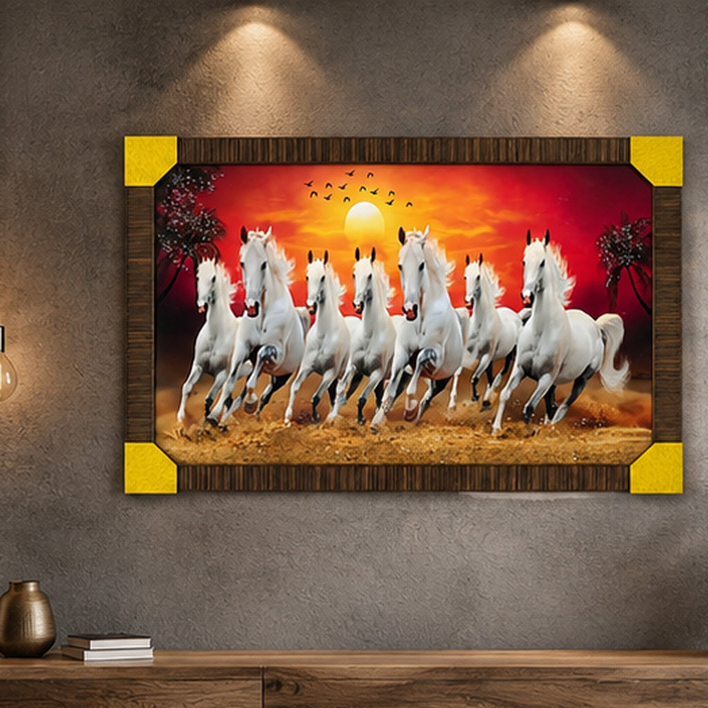 Seven Running Horses Framed Wall Painting 30 x 24 Inch for Home Décor